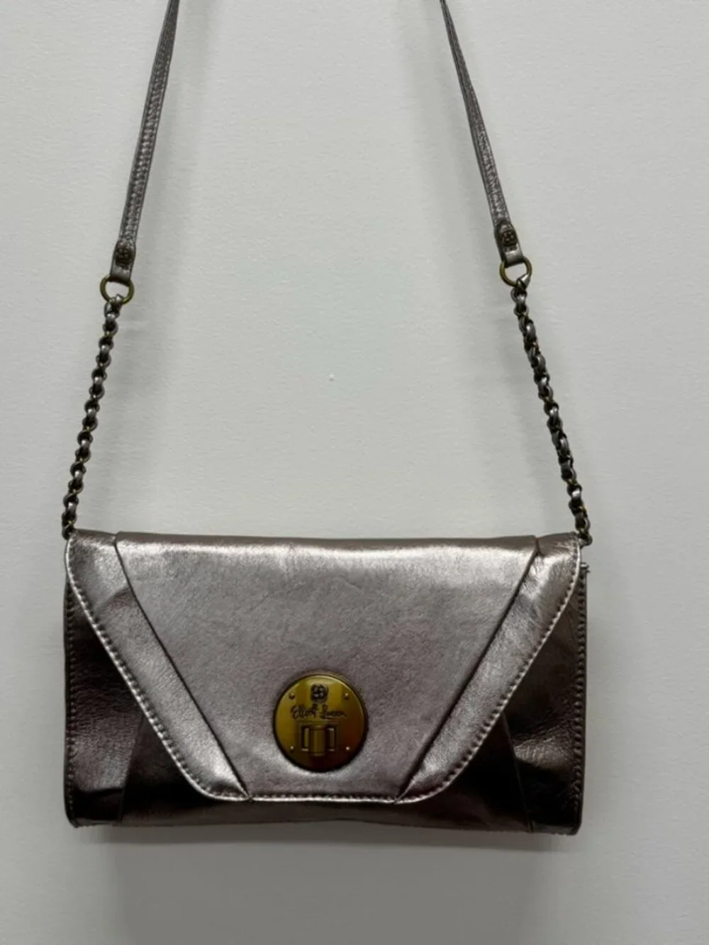 Elliott Lucca Metallic Silver Crossbody Bag Bronze Turn-Lock Hardware
